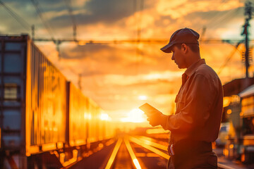 Freight train conductor reviewing schedule on tablet at sunset, rail transport logistics.