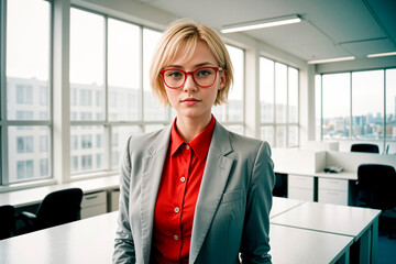 AI generated portrait of a young business woman with suit and glasses in an office