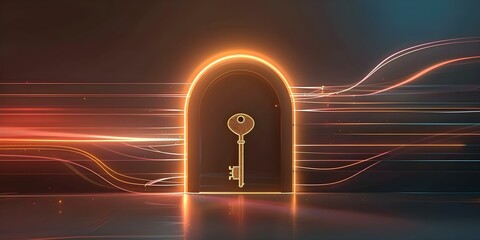 3D render of glowing keyhole with golden key symbolizing unlocking global opportunities. Concept 3D Rendering, Glowing Keyhole, Golden Key, Global Opportunities, Unlocking