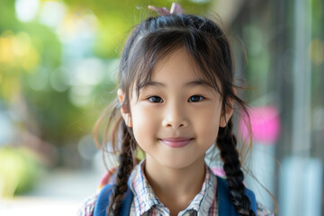 Fototapeta premium Happy Asian Girl with Backpack Outside Ready for Back to School or Hiking Adventure