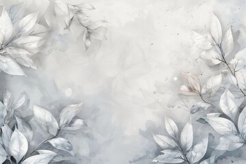 Floral nature background of white plant leaves and flower leaves on border, light gray and white watercolor painted leaf outlines in abstract illustration with soft texture, elegant pale banner