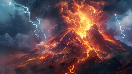 an erupting mountain spewing fiery ash into the sky