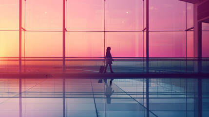 A person walks through a glass airport terminal at dawn with rolling luggage, a minimalistic modern composition of an airport guest walking in front of a colorful dawn or dusk sky.