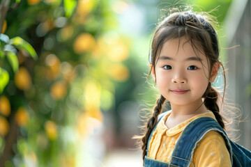 Happy Asian Girl with Backpack Outside Ready for Back to School or Hiking Adventure