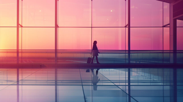A person walks through a glass airport terminal at dawn with rolling luggage, a minimalistic modern composition of an airport guest walking in front of a colorful dawn or dusk sky.