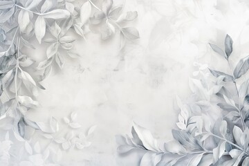 Floral nature background of white plant leaves and flower leaves on border, light gray and white watercolor painted leaf outlines in abstract illustration with soft texture, elegant pale banner
