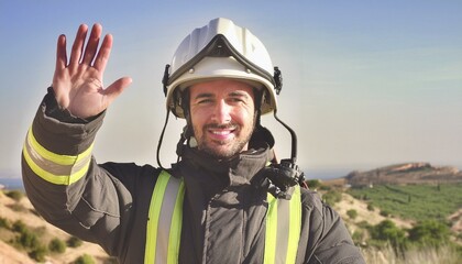 Bombero saluda a c&aacute;mara sonriente. En un prado abierto.