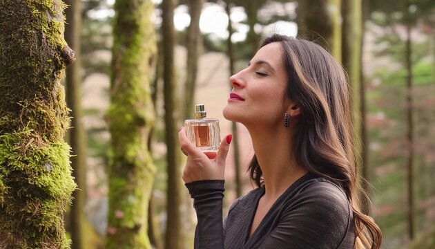 Mujer se echa perfume.