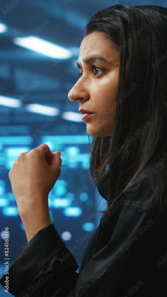 Poster vertical video meticulous engineer inspecting operational server rows in computer network security d