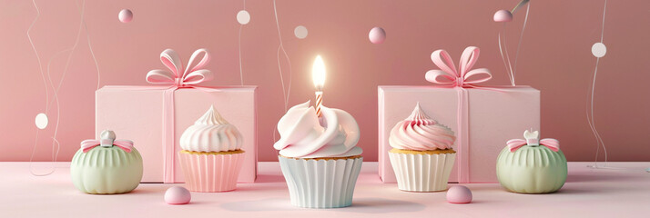 Image of birthday cupcake with lit candle stuck in it.