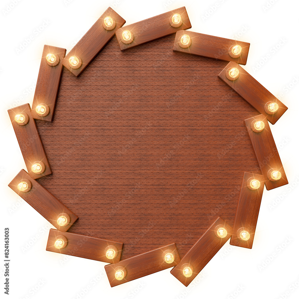 Sticker wooden frame with lights in realistic 3d render with transparent background