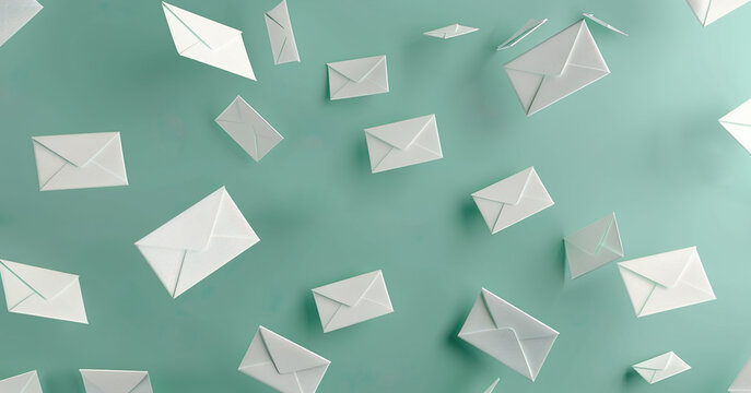Several letter envelopes flying on aquamarine background