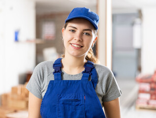 Positive smiling young female foreman in blue coveralls posing at indoor building site
