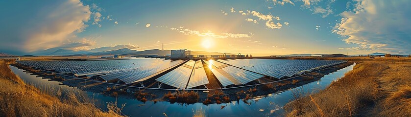 A panoramic view of a solar farm with solar panels reflecting the sunset, surrounded by natural...