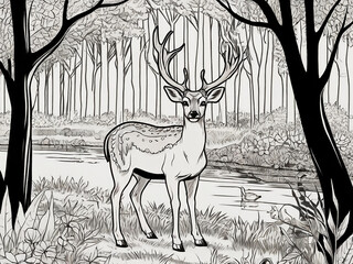 A photo of beautiful Deer in nature outline for coloring book Generative AI