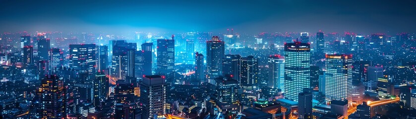 A stunning night cityscape featuring bright lights, high-rise buildings, and urban atmosphere captured during nighttime in a bustling metropolis. - Powered by Adobe
