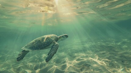 Fototapeta premium Turtle swimming in the ocean with copy space. World turtle day