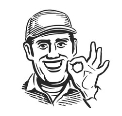 Portrait of happy handyman in cap. Profession of service industry, farm worker. Repairman in workwear smiling