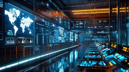 Modern control room with advanced digital interfaces and data displays, highlighting high-tech infrastructure and global monitoring technology.