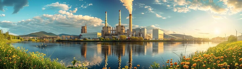 Obraz premium Scenic industrial landscape with a factory near calm water, surrounded by lush green fields and bright flowers under a vibrant sky.