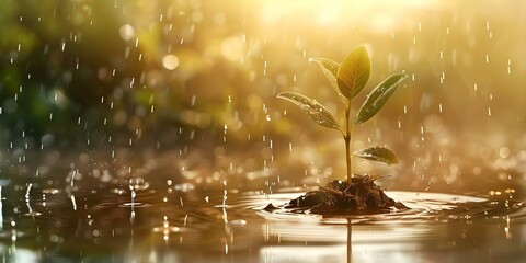 A young plant growing through rain symbolizes resilience overcoming obstacles with tenacity. Concept Nature, Growth, Resilience, Rain, Obstacles