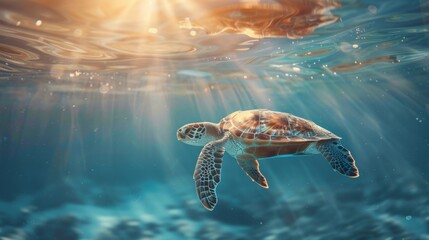Fototapeta premium Turtle swimming in the ocean with copy space. World turtle day