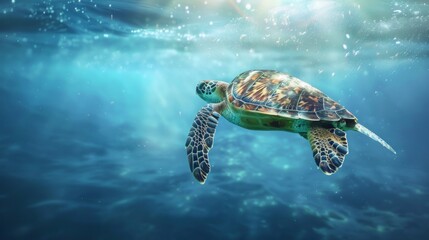 Fototapeta premium Turtle swimming in the ocean with copy space. World turtle day