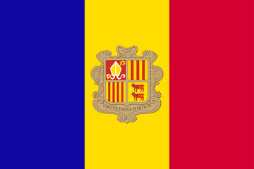Flag of Andorra. Andorran tricolor with the coat of arms in the center. State symbol of the Principality of Andorra.