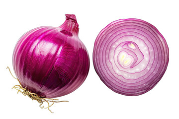 Fresh red onion and cut in half sliced isolated on white background, top view, flat lay
