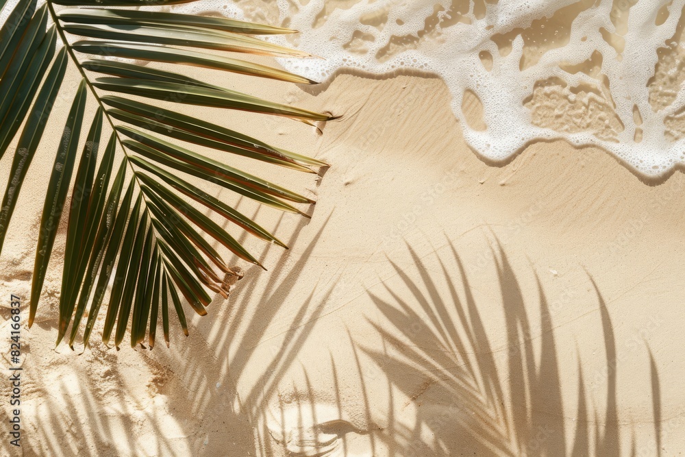 Wall mural Tropical beach scene with palm leaf shadows and sea foam on golden sand. Ideal for summer vacation themes, beach backgrounds, and travel promotions.