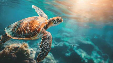 Fototapeta premium Turtle swimming in the ocean with copy space. World turtle day