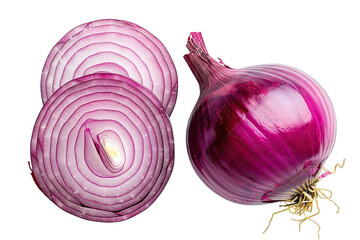 Fresh red onion and cut in half sliced isolated on white background, top view, flat lay