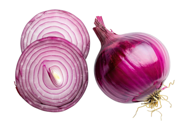 Fresh red onion and cut in half sliced isolated on white background, top view, flat lay