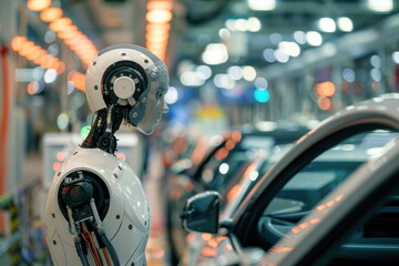 Fototapeta premium Robot human replacing jobs AI artificial intelligence humanoid, working at automobile factory