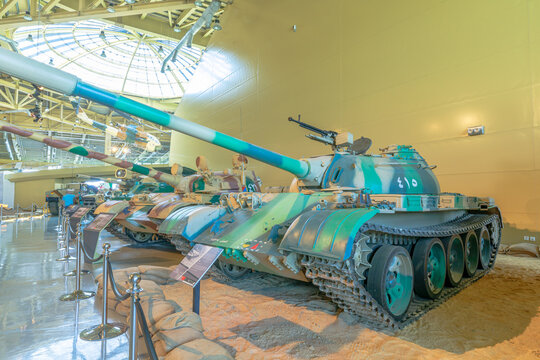 Royal Tank Museum, Amman, Jordan - May 4, 2024: Classic T-55 Soviet tank prominently exhibited in the Royal Tank Museum of Jordan, showcasing military history and engineering prowess