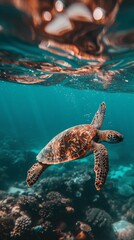 Obraz premium Turtle swimming in the ocean with copy space. World turtle day