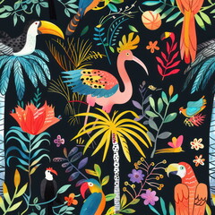 Jungle with tropical, fantasy animals at Amazon forest, palm trees, parrots, wallpaper pattern for seamless