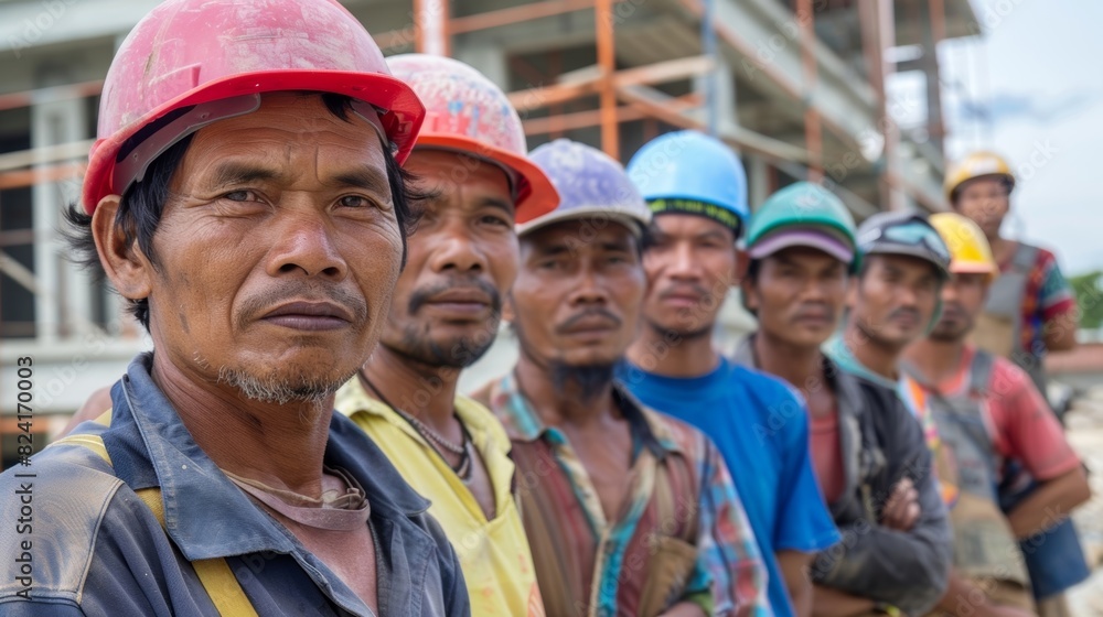 Aufkleber as the project nears completion a group of migrant workers proudly pose for a photo in front of the 