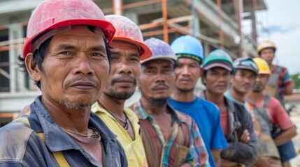 As the project nears completion a group of migrant workers proudly pose for a photo in front of the building symbolizing their hard work and significant contribution.