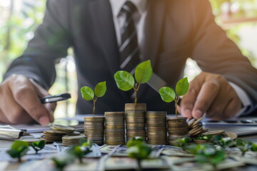 businessman increase money stack, Investment growth, Project planning and strategy