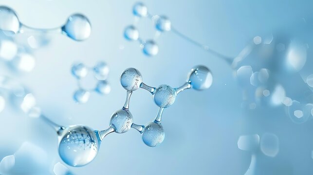 Connected water molecules on a light blue background made with AI generative technology
