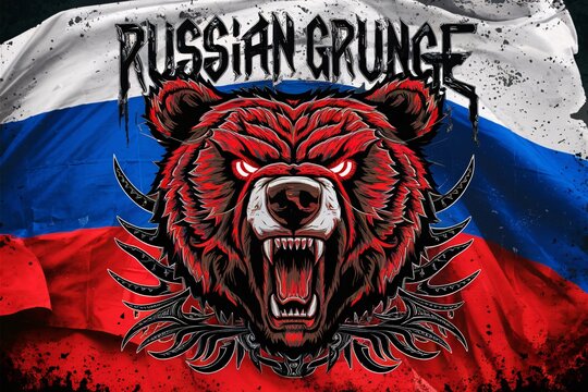 Russian grunge, roaring bear cartoon head, grunge russian flag background