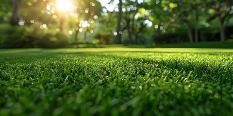 Naklejka premium Focused View of Lush Green Lawn with Blurred Trees in Sunny Background. Concept Lush Green Lawn, Blurred Trees, Sunny Background, Outdoor Photography, Nature Scene