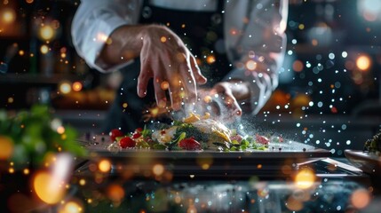 A chef using hand gestures to scroll through a digital cookbook with the recipe appearing as an AR overlay in front of them.