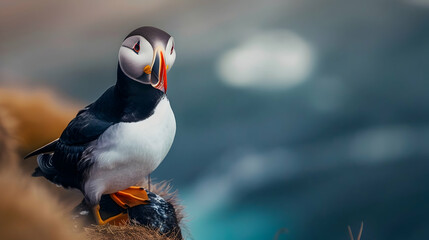 Atlantic puffin/Alca arctica closeup wildlife bird portrait in the steep cliffs of Latrabjarg in the westfjords of the Icelandic wilderness. Animal, birds and photography concept.