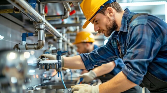 A team of plumbers installing pipes and fixtures for the bathrooms and kitchen areas in the food court.