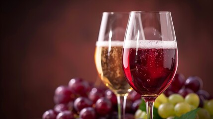 Fototapeta premium Glasses of wine with bunches of red and green grapes in the background, creating an inviting and elegant setting. Perfect for themes related to wine, vineyards, and gourmet experiences