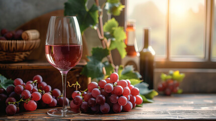 Glasses of wine with bunches of grapes and wine bottles in the background, creating a warm and...