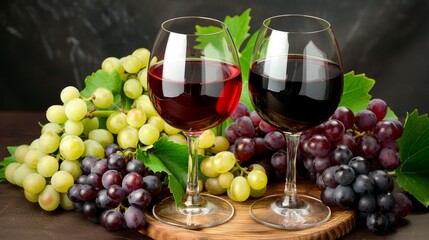 Glasses of wine with bunches of red and green grapes in the background, creating an inviting and elegant setting. Perfect for themes related to wine, vineyards, and gourmet experiences