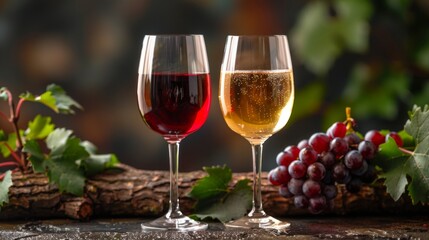 Glasses of wine with bunches of red and green grapes in the background, creating an inviting and...